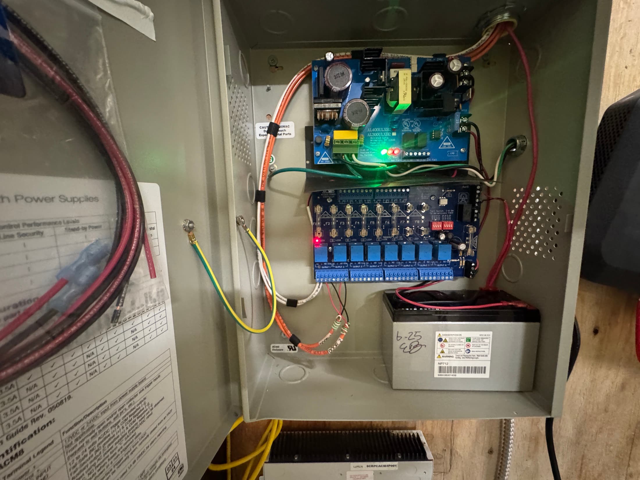 Commercial access control power supply panel with backup battery and wiring