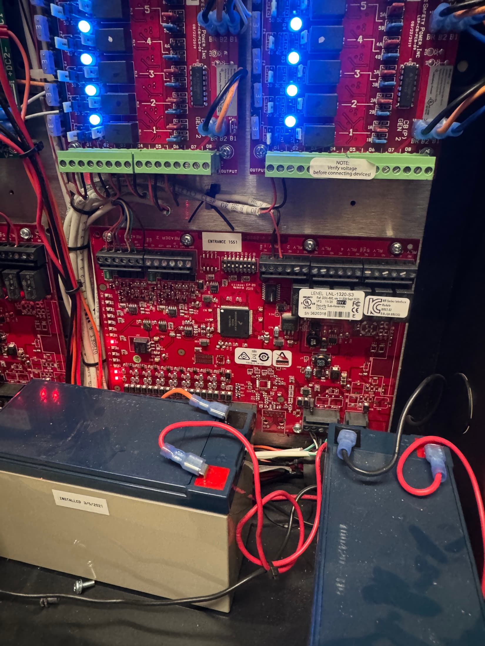 Commercial access control relay cabinet with backup batteries and wiring