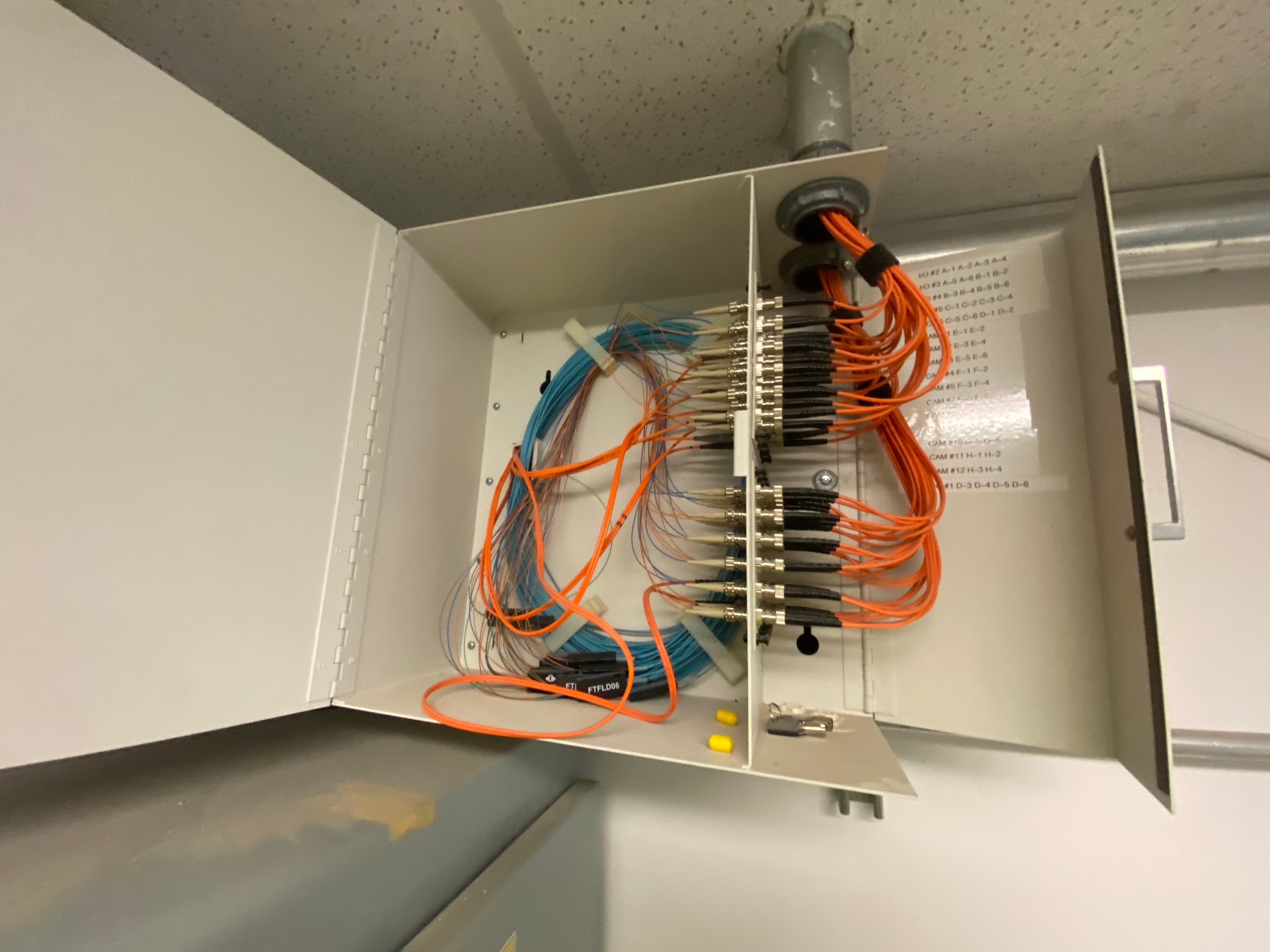 Commercial fiber optic termination panel with organized fiber strands for facility backbone cabling