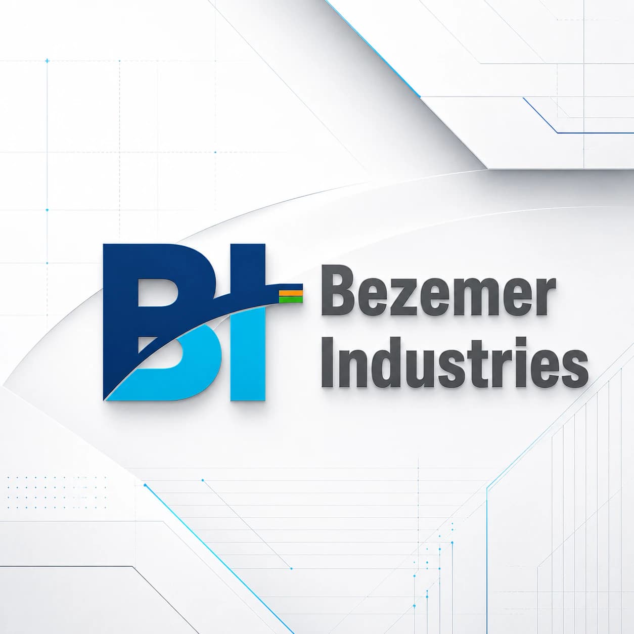 Bezemer Industries logo on a white and blue technical-grid background