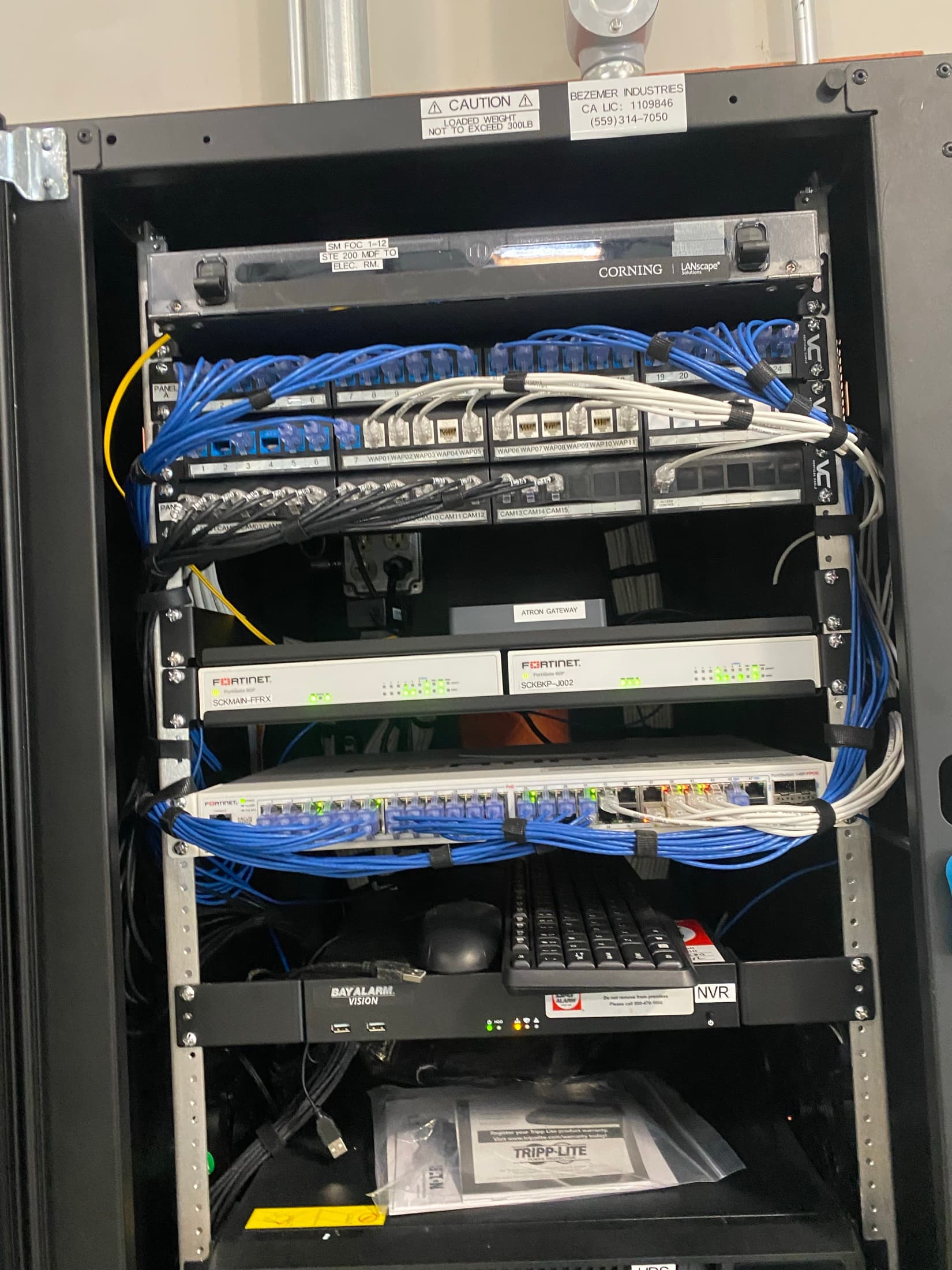 Commercial network cabinet infrastructure with labeled cabling and connected equipment