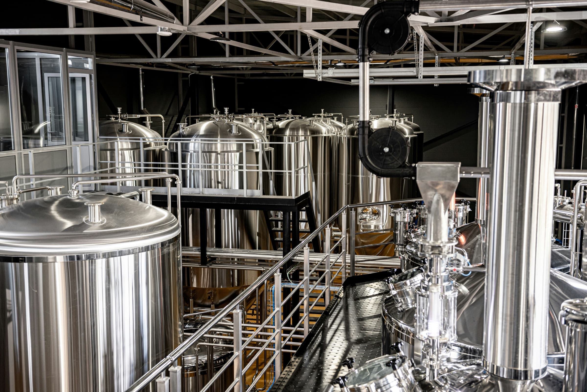 Winery and distillery production tanks with stainless steel equipment