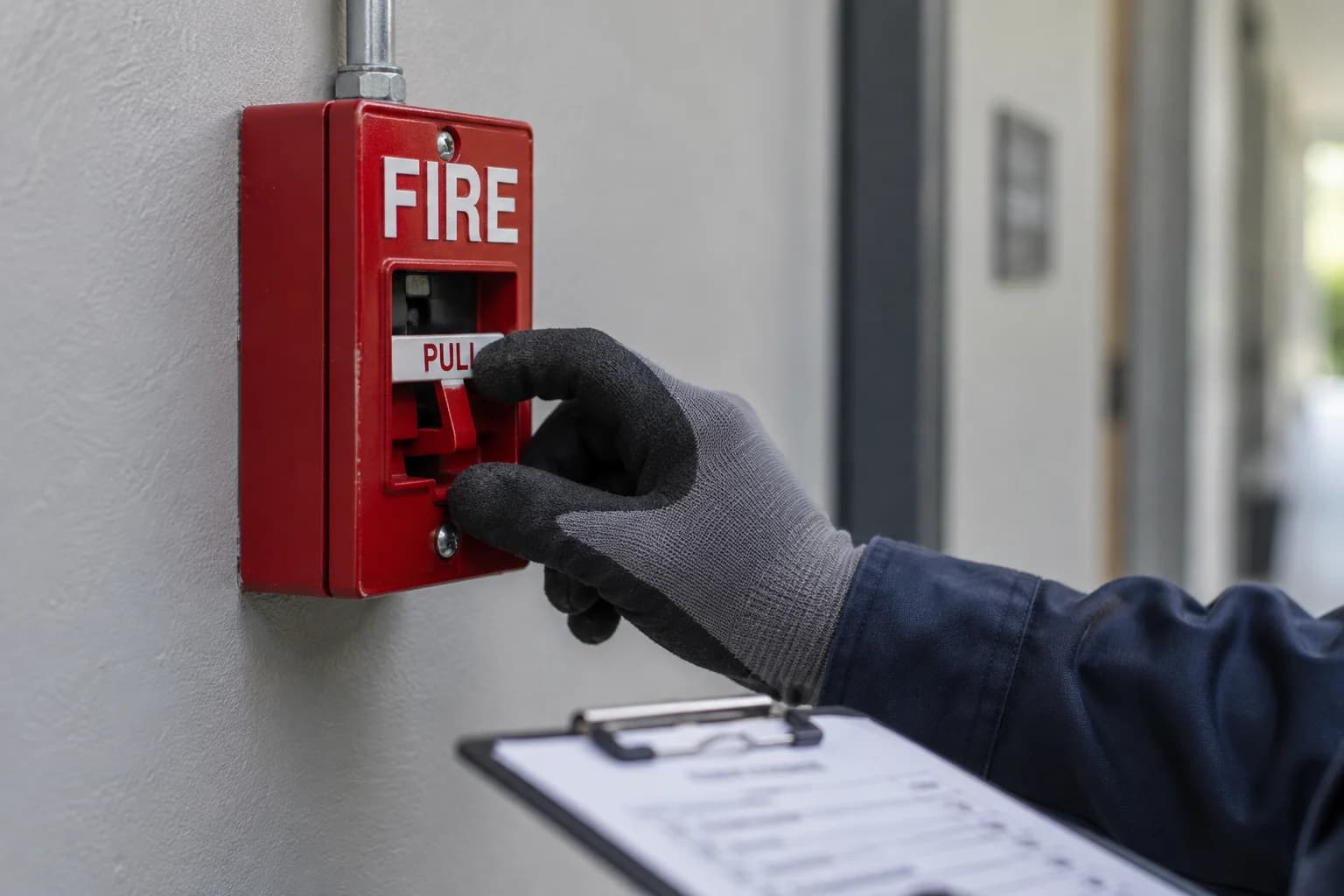 A technician checking a red manual fire alarm pull station with an inspection checklist